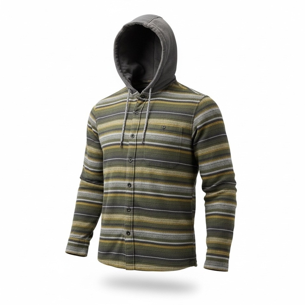 Ascend Mens Hooded Flannel Shirt Medium Olive Striped Long Sleeve Button Front